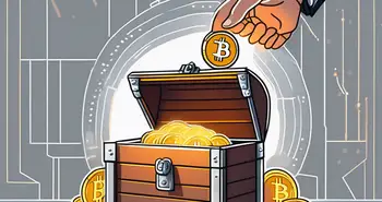 A bitcoin coin being placed into a slot of a glowing treasure chest