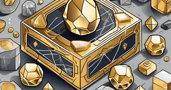 A lump of gold surrounded by various symbols representing its uses such as jewelry