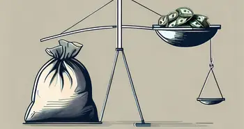 A scale balancing a bag of money and a deflated balloon