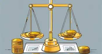 Une balance équilibrée avec divers graphiques financiers et tableaux d'un côté et une pile de pièces d'or de l'autre