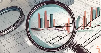 A magnifying glass hovering over a stack of stock market charts and graphs