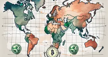 A global map with different currencies symbolically floating above various countries