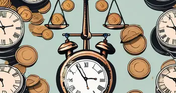Eine Waage, die eine Uhr und einen Stapel Münzen ausbalanciert