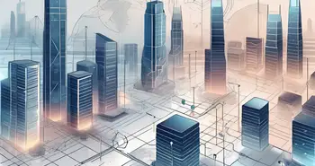 A futuristic digital cityscape with symbolic elements of blockchain technology and central banks