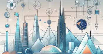 Eine futuristische digitale Landschaft mit verschiedenen symbolischen Icons, die unterschiedliche Sektoren wie Finanzen repräsentieren