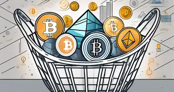 Ein Korb gefüllt mit verschiedenen symbolischen Ikonen beliebter Kryptowährungen wie Bitcoin