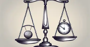 A balance scale with stocks on one side and a swinging pendulum on the other