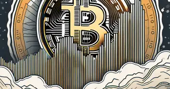 A fluctuating graph superimposed on a bitcoin coin