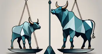 Eine Waage, die eine Bullen- und eine Bärenfigur ausbalanciert