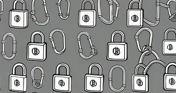 <Ein Vorhängeschloss sichert einen symbolischen Bitcoin.>