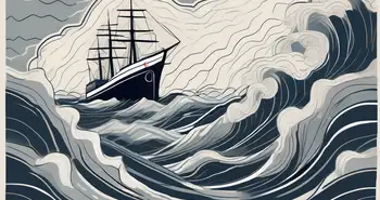 Ein Schiff, das sich durch ein stürmisches Meer voller tückischer Hindernisse wie Felsen und Strudel navigiert.