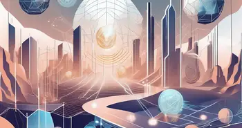 Eine futuristische digitale Landschaft, in der das Metaversum mit Elementen der Kryptowährung verschmilzt.