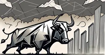 A stormy financial landscape with symbolic elements such as a cracked wall street bull