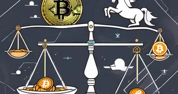 A balance scale with common crypto symbols like bitcoin and ethereum on one side