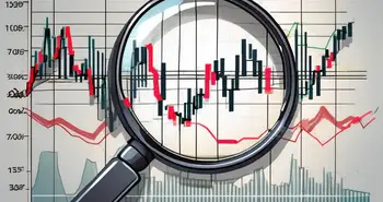 A magnifying glass hovering over a dynamic forex chart