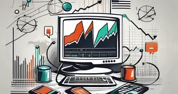 A dynamic stock market chart with various news icons (like a microphone