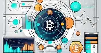 A futuristic digital trading platform with various cryptocurrencies symbols and graphs