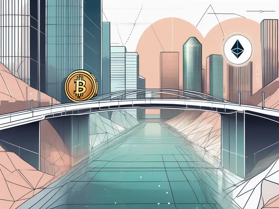 A digital landscape with symbolic representations of a cryptocurrency exchange