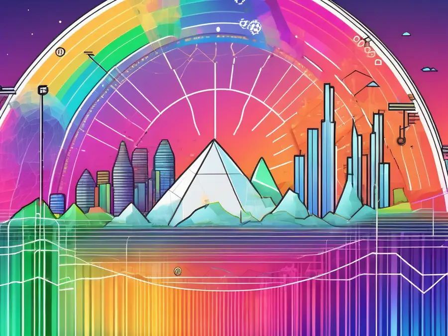 A vibrant rainbow chart with various cryptocurrency symbols embedded into each color band