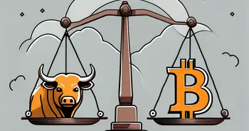 A balanced scale with a bitcoin symbol on one side and a bull and bear icon on the other
