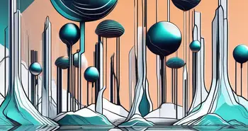 A futuristic digital landscape with abstract representations of liquid and stakes