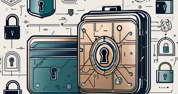 Eine digitale Geldbörse umgeben von verschiedenen Sicherheitssymbolen wie Vorhängeschlössern