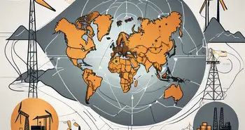 A global map with symbolic icons of various energy commodities like oil barrels