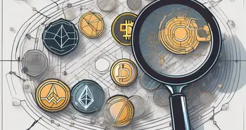 Eine Lupe untersucht eine stilisierte Blockchain