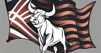 A stylized bull emerging from a flag pattern