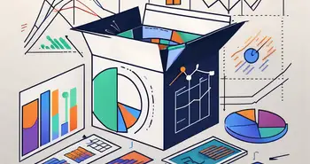 Eine Box öffnet sich mit verschiedenen Finanzdiagrammen und Symbolen wie Dollarzeichen
