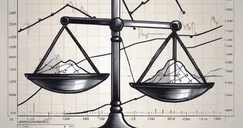 A balanced scale with mathematical formulas on one side and a stock market graph on the other