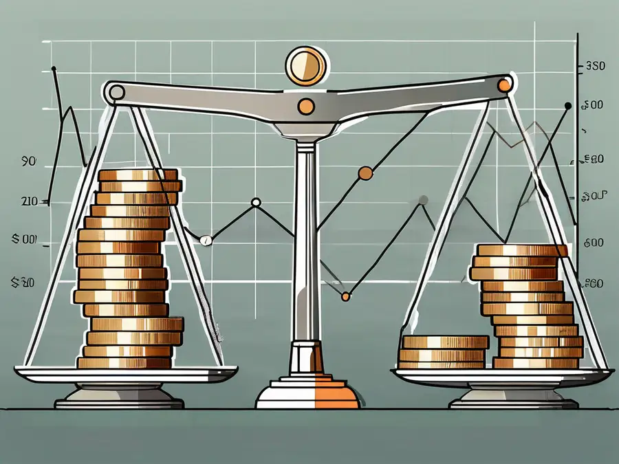 A balance scale with stacks of coins on one side and a line graph representing stock prices on the other