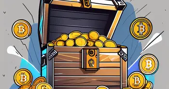 Eine Kryptowährungs-Mining-Anlage, aus der digitale Münzen in eine Schatztruhe fließen