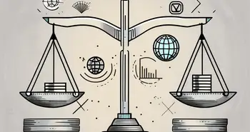 A balanced scale with various economic symbols like currency