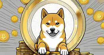 A shiba inu dog (the dogecoin mascot) sitting on a pile of gold coins
