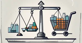 A set of scales balancing symbols of economic health such as a factory