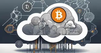 Eine futuristische Wolke mit verschiedenen Kryptowährungssymbolen wie Bitcoin