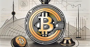 Eine digitale Landschaft mit symbolischen Elementen wie einer Bitcoin-Münze