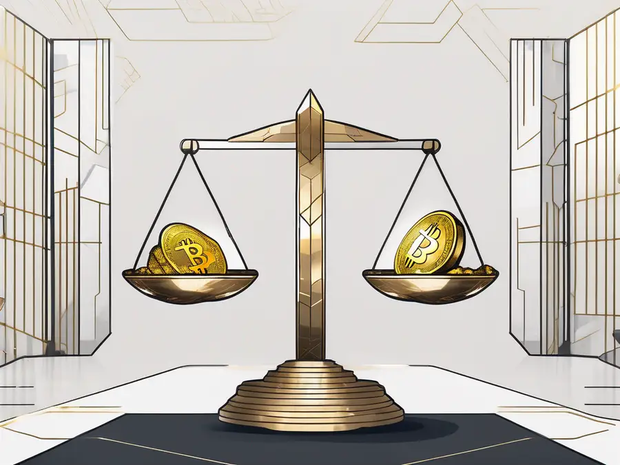 A balance scale holding Bitcoin and Gold. Compare Gold vs Bitcoin.