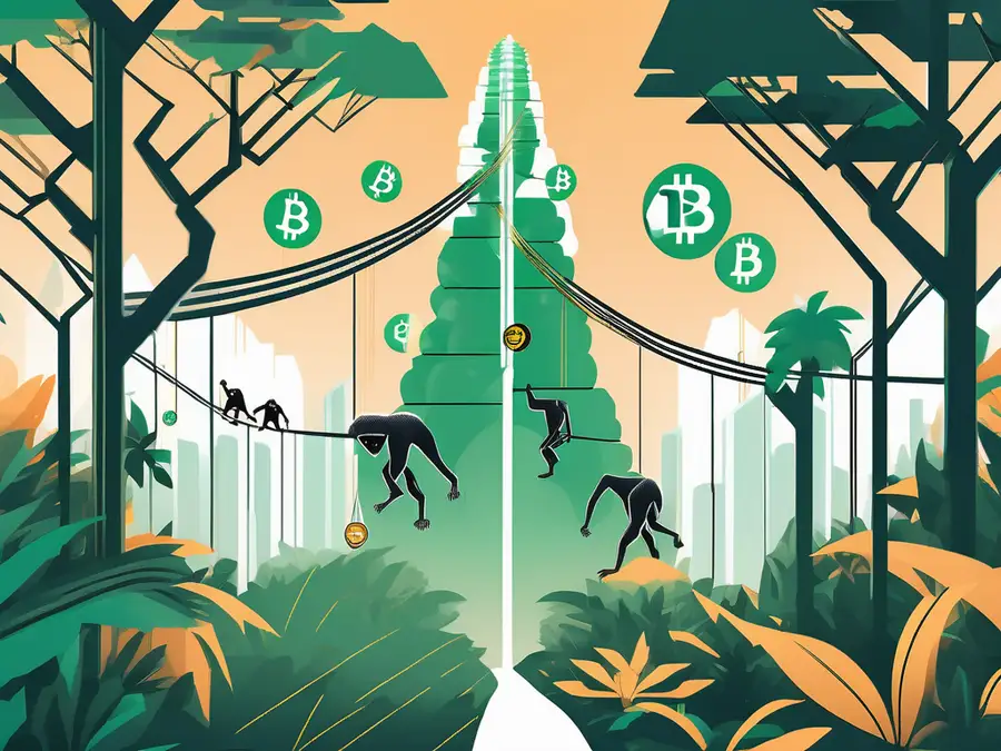 Ein digitales Dschungel mit verschiedenen symbolischen Kryptowährungen wie Bitcoin und Ethereum, dargestellt durch unterschiedliche Arten von Affen, die von Baum zu Baum schwingen.