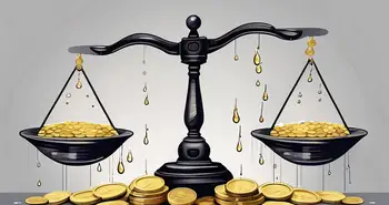 A scale balancing a pile of gold coins and a pile of diluted water droplets