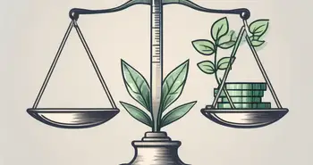 A balanced scale with various financial symbols like currency