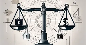 A balanced scale with various financial symbols like currency
