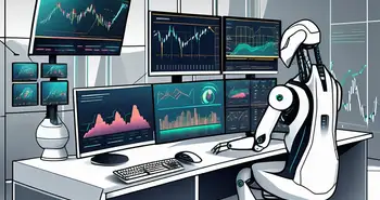 A futuristic trading desk with multiple screens displaying graphs and charts