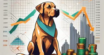 A playful dog sitting atop a stack of financial charts and stock market symbols