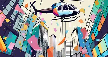 A helicopter hovering above a cityscape