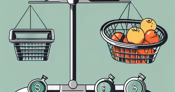 A scale balancing a shopping basket full of various goods and a dollar sign