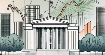 Draw an illustration of a central bank building surrounded by floating currency notes and graphs depicting rising and falling economic indicators
