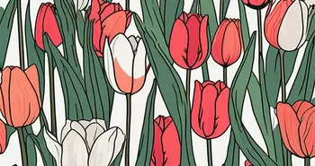 A vibrant field of tulips in full bloom on one side