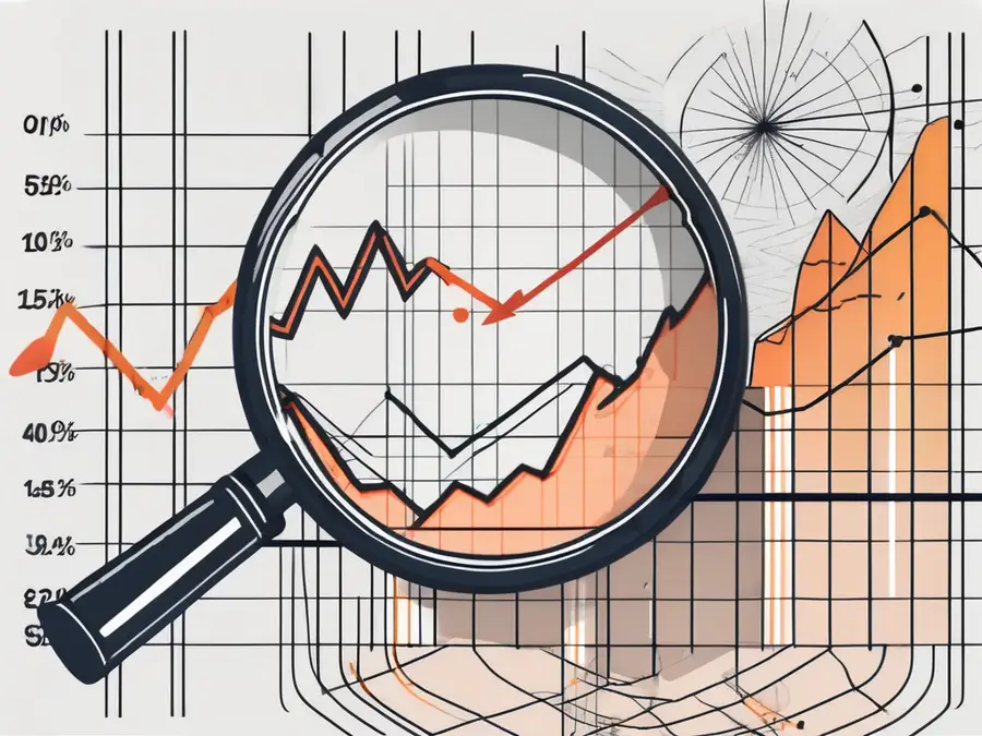 An upward-trending stock chart intertwined with a magnifying glass focusing on a highlighted section that represents short interest